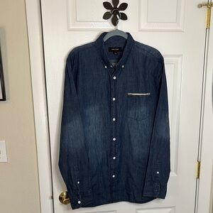 Adam Levin Men's Dark Wash Blue Denim Long Sleeve Button Down Casual Shirt Large